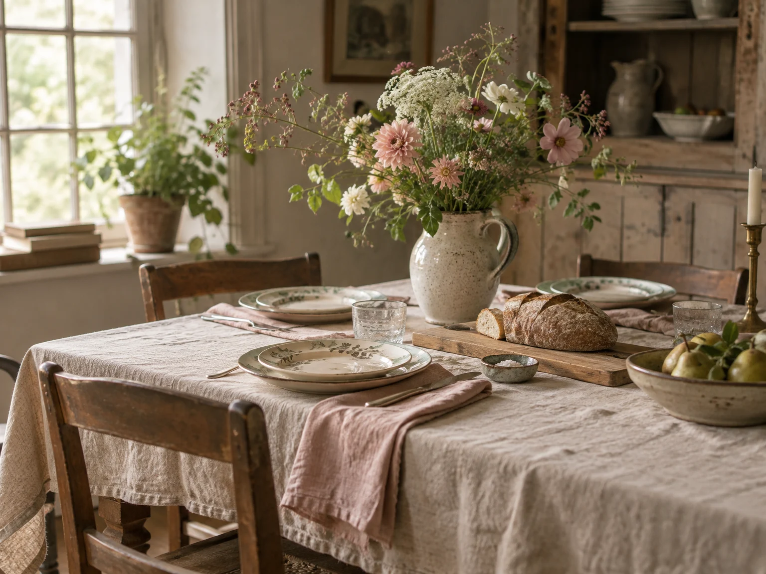 A linen-covered table set with antique plates, bread and a jug of garden flowers.